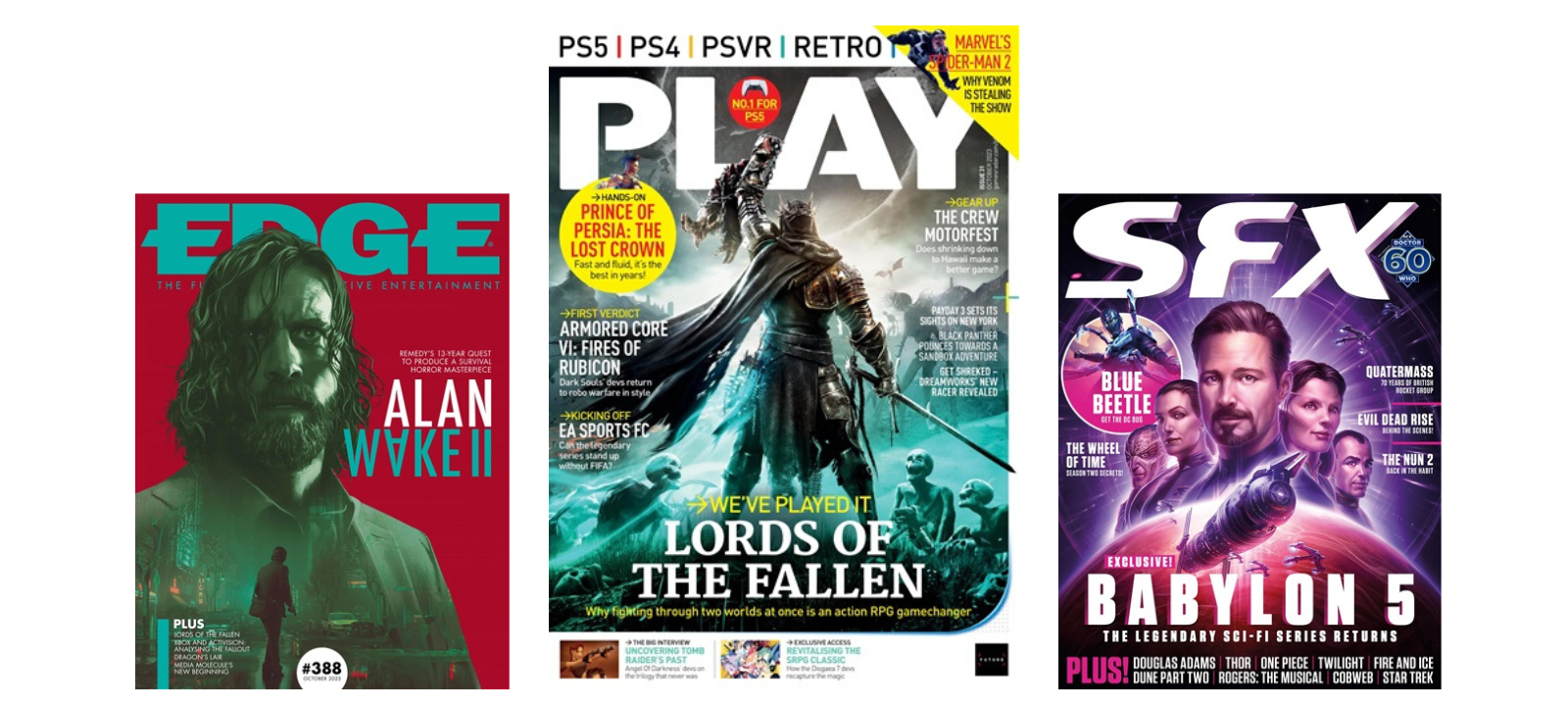 Recent covers of EDGE, PLAY, and SFX magazine.